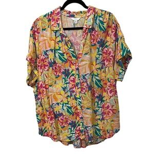 Time and Tru Floral Collared Button Down‎ Shirt Short Sleeves
